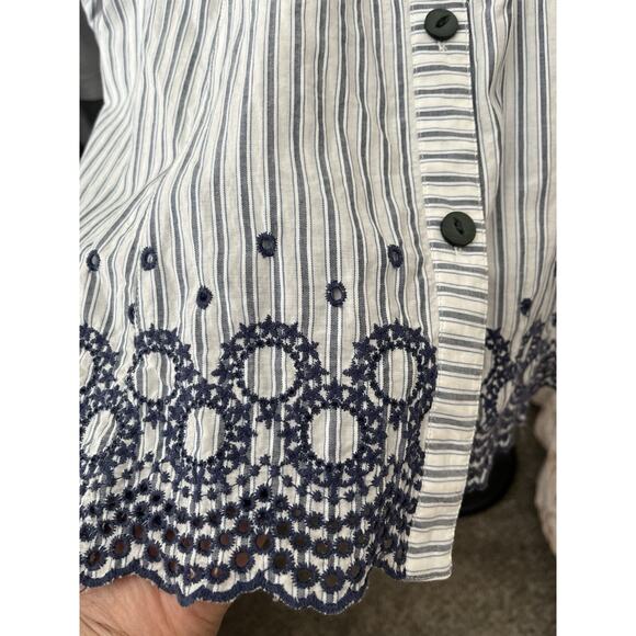 Womens Medium Linen Feel Top Long Sleeves Collared Striped Blue Embroidered - Picture 5 of 12
